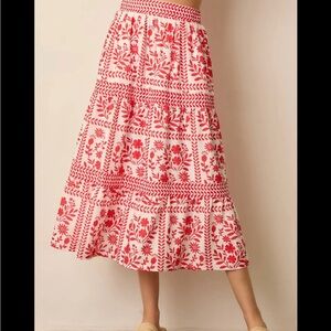 NWOT Peach Pattern Print Flow Tiered Maxi Skirt Boho Beach